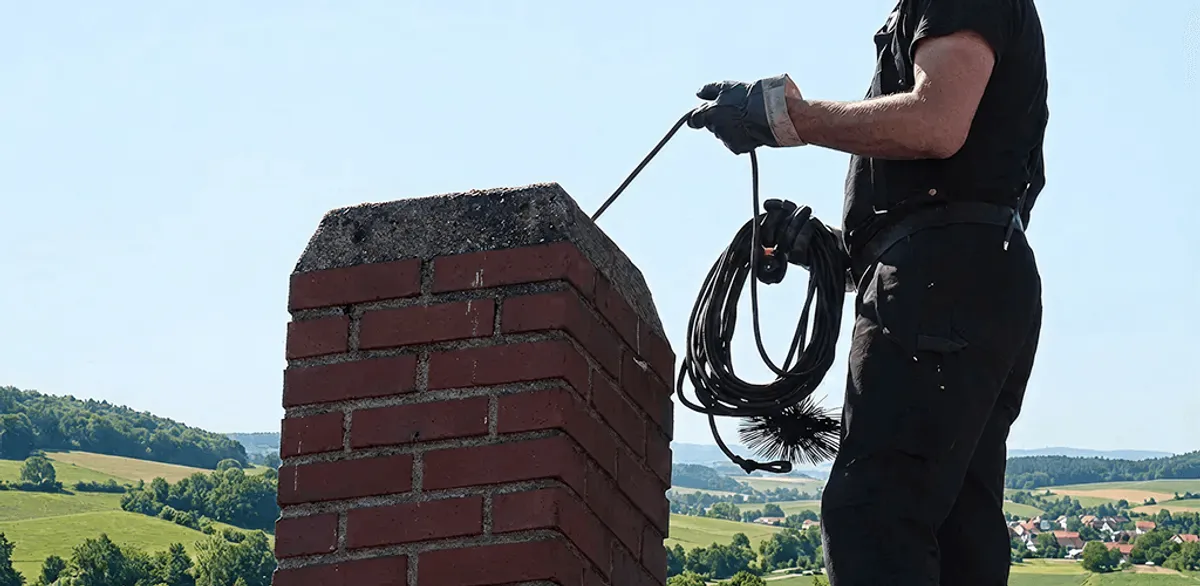 Chimney sweep inspecting and cleaning a rooftop chimney in Baltimore, MD