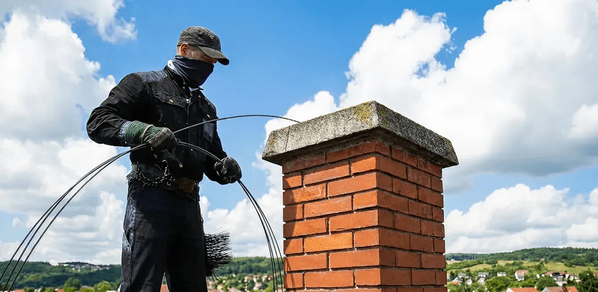 Chimney sweep cleaning a brick chimney with professional tools in Baltimore, MD
