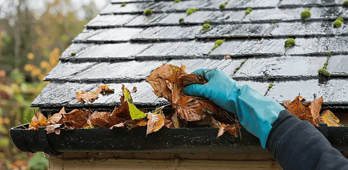 Gutter cleaning technician clearing wet leaves from roof gutters in Baltimore, MD